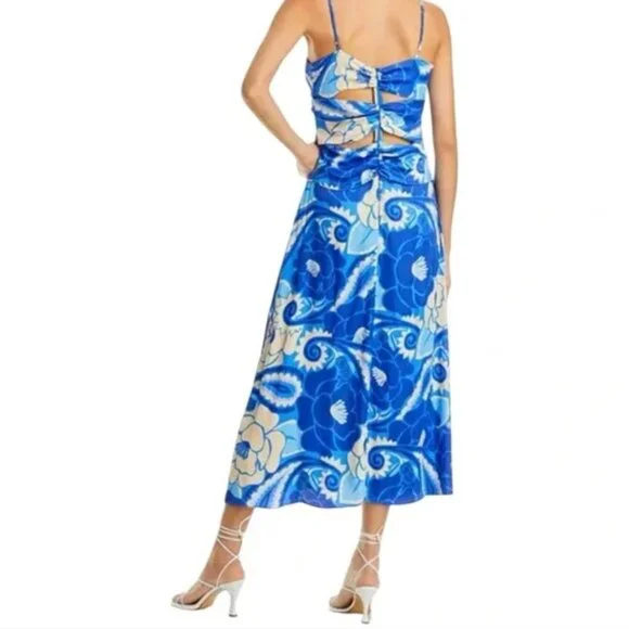 Farm Rio Blue Floral Tropical Groove Cut Out Midi Dress Size Large - Picture 2 of 9
